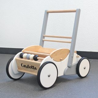 Lauflernwagen aus Holz mit Bremse personalisierbar grau